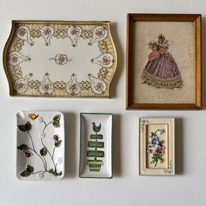 Vintage bundle of Elegant Floral Ceramic Tray, dishes, vintage pictures
